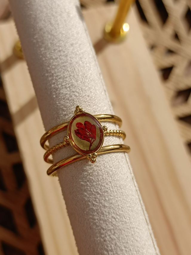 Bague Multirangs Réglable - Or - Fleur rouge