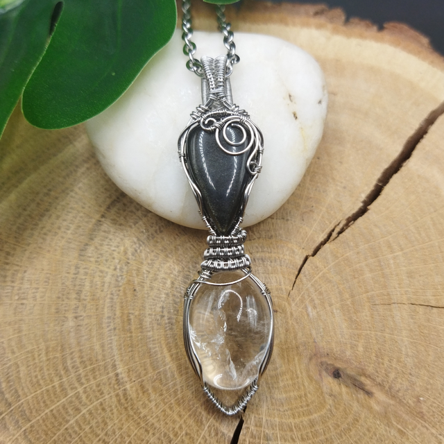 Pendentif "Talisman Protection" Obsidienne dorée et Cristal de roche (Quartz incolore)