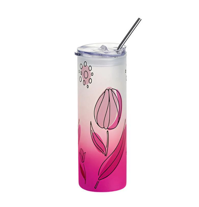 Personalised Water Bottles - Glass - Skinny - Frosted (PINK) 750ml Tumbler with Plastic Lid