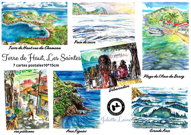 Lot 7 cartes postales aquarelle "Terre de Haut, Les Saintes"