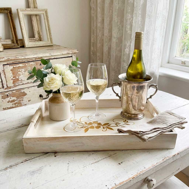 Bandeja de Madera "Cottage Gold" | Estilo Shabby Chic Pintada a Mano