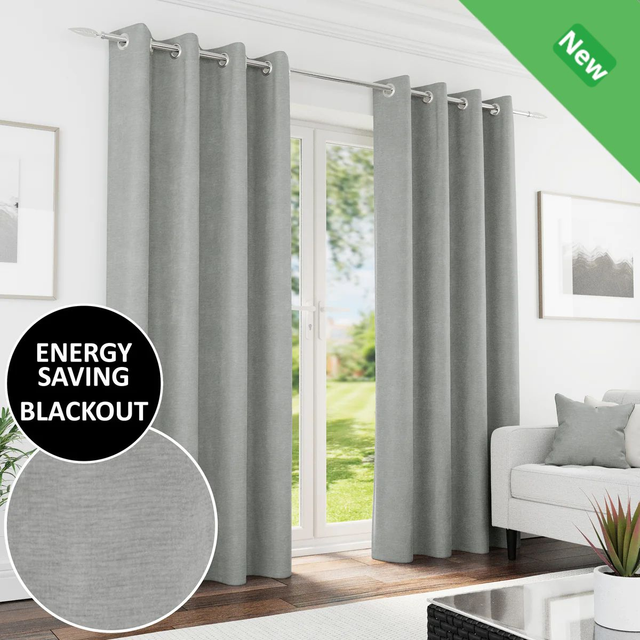 Enhanced Living Knightsbridge Grey 100% Blackout Chenille Readymade Eyelet Curtains