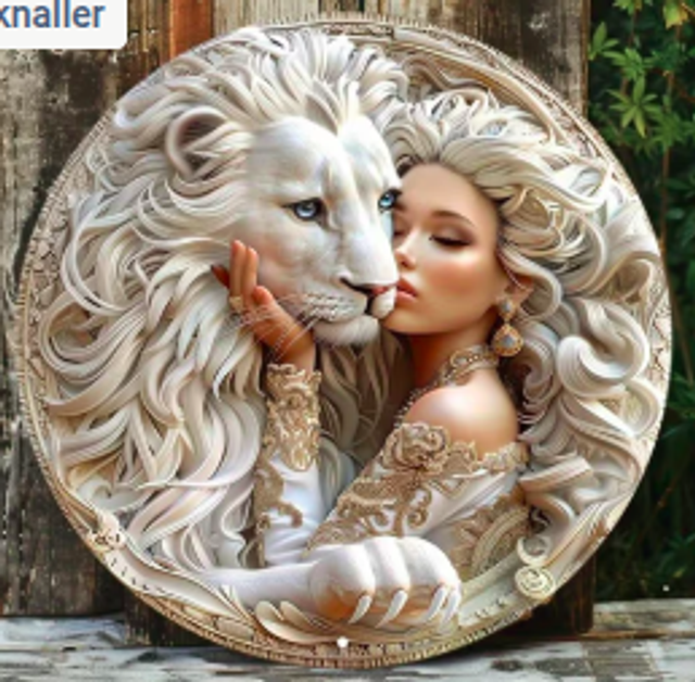 Wanddecoratie metalen bord Leeuw met vrouw (20cm diameter)