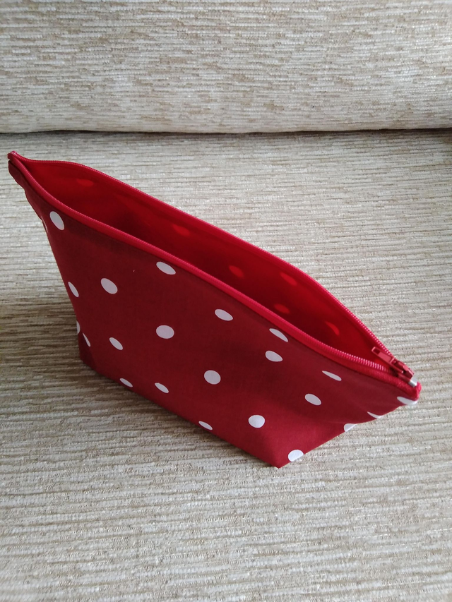 Cosmetic Toiletry Wash Bag in Red with White spots cotton fabric with red PU waterproof lining and Zip Closure.