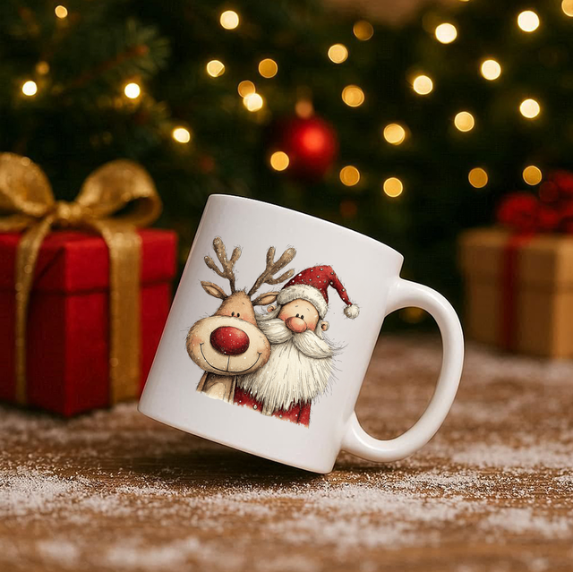Vintage Santa &amp; Reindeer 11oz Ceramic Printed Mug Design 4
