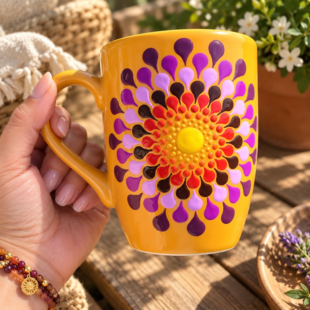 Mug en céramique orange peint à la main – Mandala violet et rose