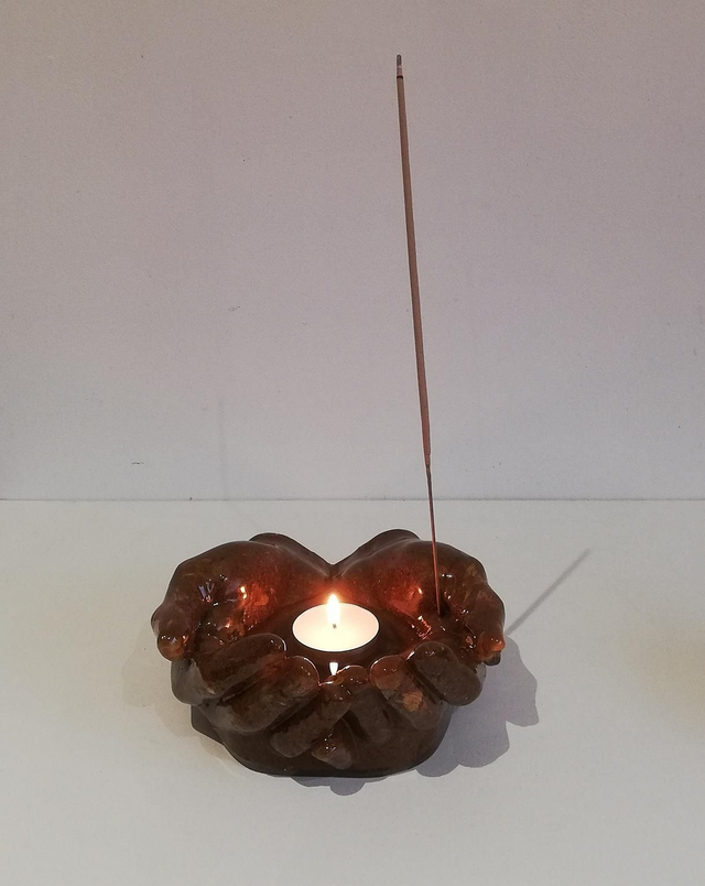 Support 4 éléments en terre d'ocre et fleurs séchées