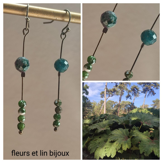 Diopside verte pour ces boucles d&#039;oreilles en laiton bronze -sans nickel, pièce unique 