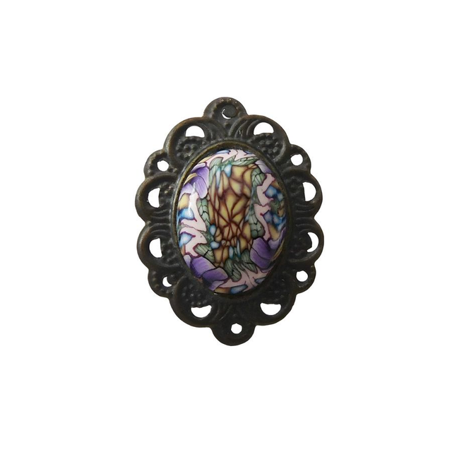 Bague rétro ovale mandala mauve jaune