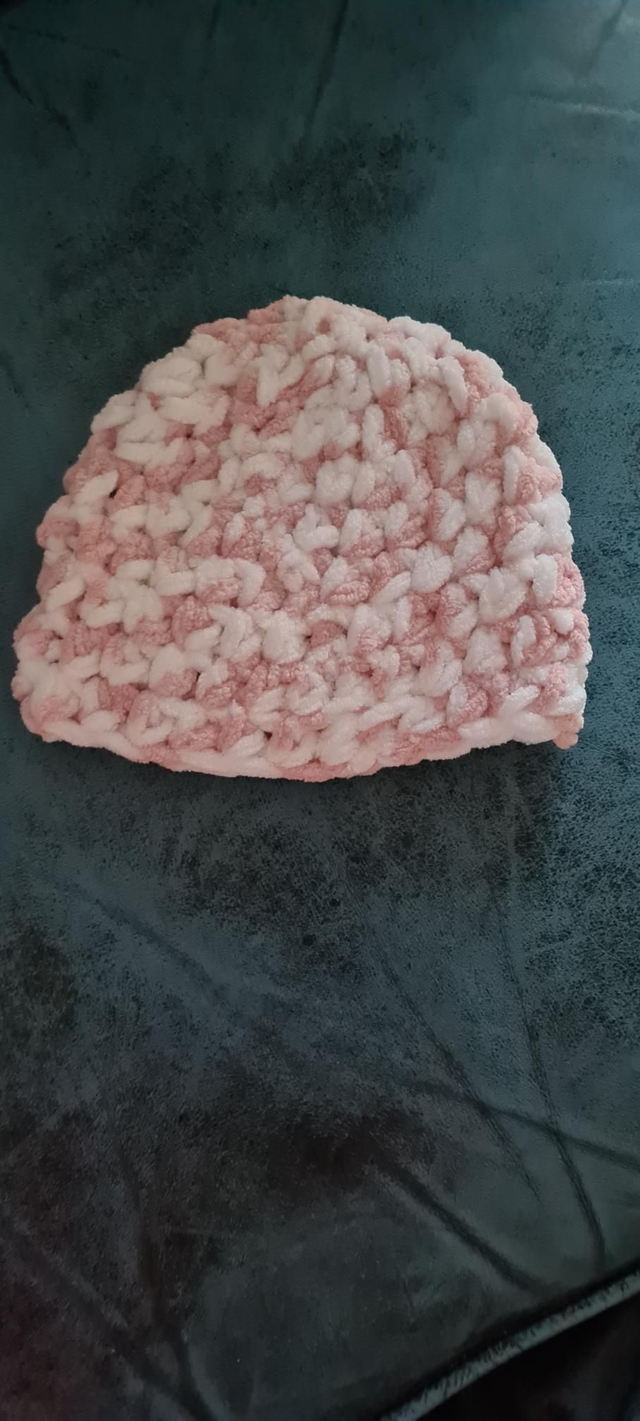 New Handmade Crochet Pink White Chenille Baby Beanie Hat Newborn