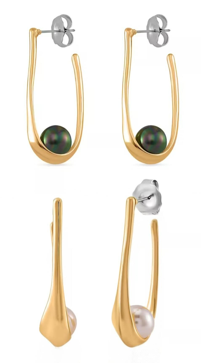 Stunning White &amp; Tahitian Mother Pearls in 18K Yellow Gold Plated Earrings.