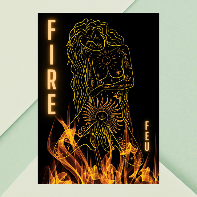 Impression Art Linéaire Féminin Élément Feu - Femme Enveloppée de Flammes / Fire Element Female Line Art Print - Woman Surrounded by Flames