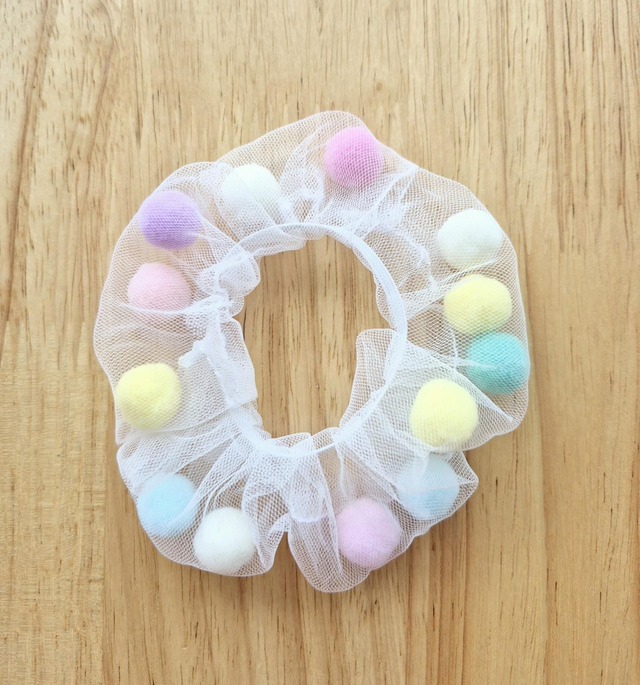 Organza Hair Scrunchie with Pom Poms