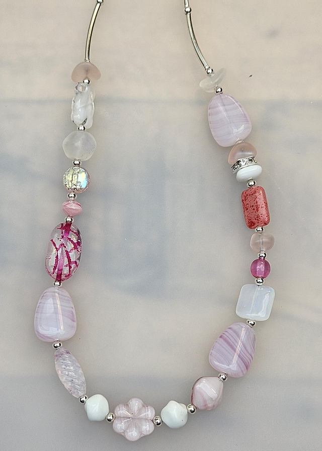 Pink glass and silver plated necklace 