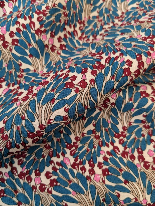 Cream Pima Cotton Lawn with Teal and Berry Design