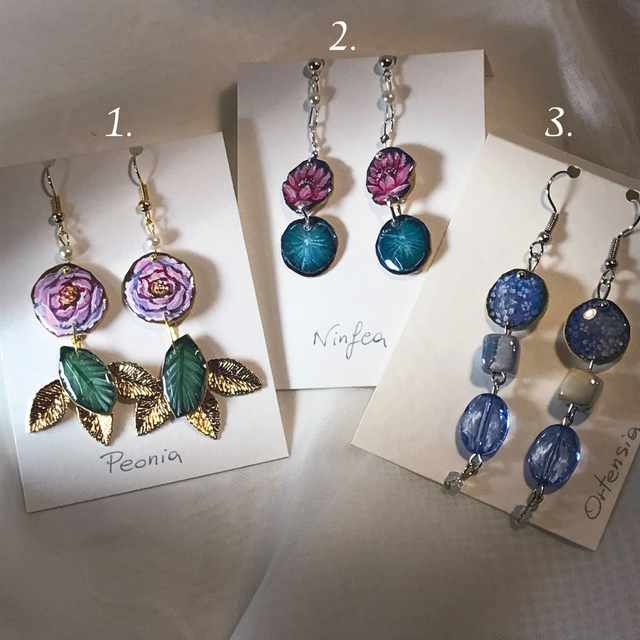 Orecchini Peonia, Ninfea, Ortensia blu