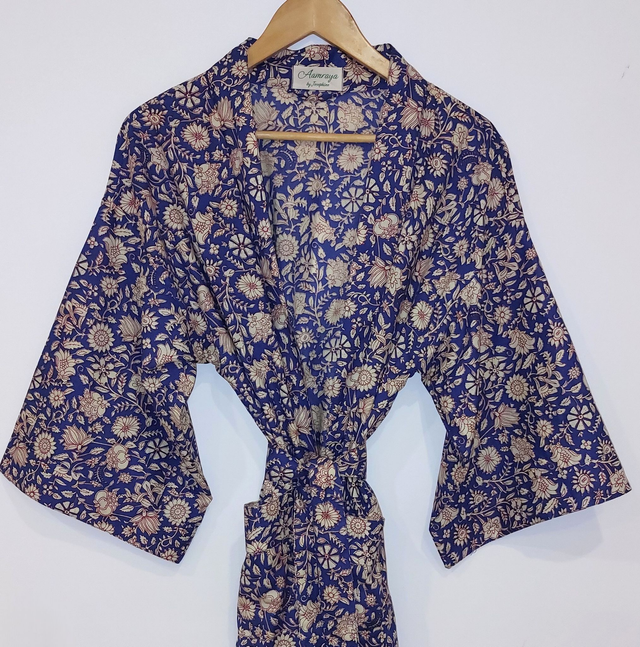 Robe kimono en coton - Peignoir, robe de chambre - Motif floral - Blanc, rouge, bleu - L100cm et L120cm  