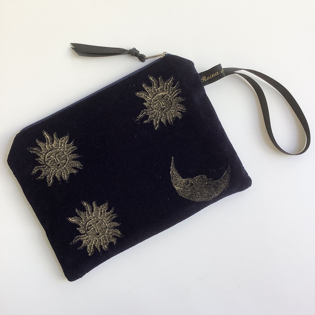 Midnight Blue Sun and Moon velvet Zip-Up Pouch 