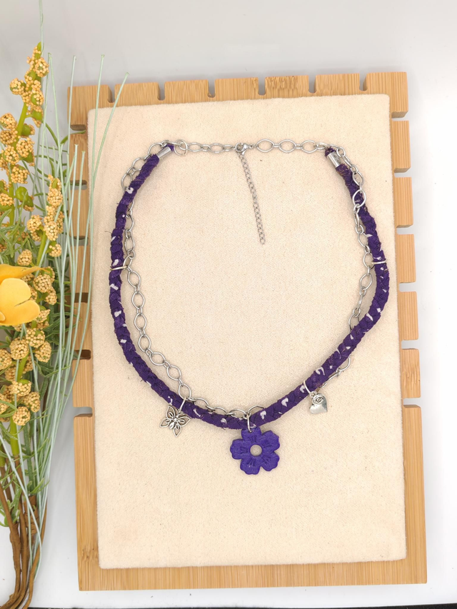 Collier Tissu Tresse Bandana Violet + Chaîne et Pampilles