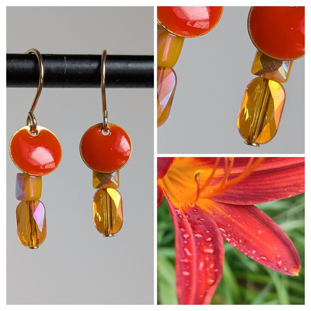 Boucles d'oreilles email orange, verre ,acier inoxydable doré -sans nickel, pièce unique 