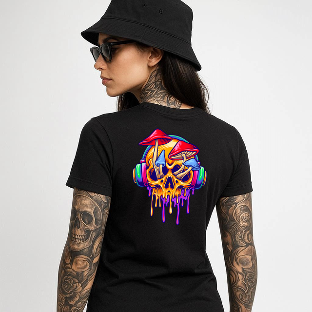 Unique Magic Mushroom Skull Sounds Black Soft Spun Patterned T-Shirt