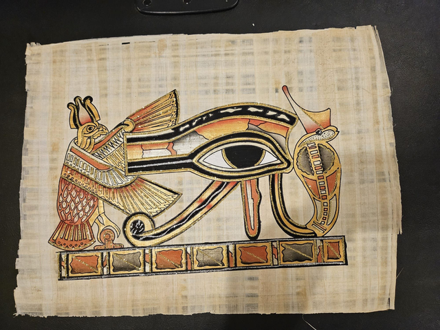 Eye of Horus Egyptian Papyrus Art – Gold Foil Wadjet Eye Wall Decor &amp; Ancient Egypt Artwork Size: 23 × 33 cm