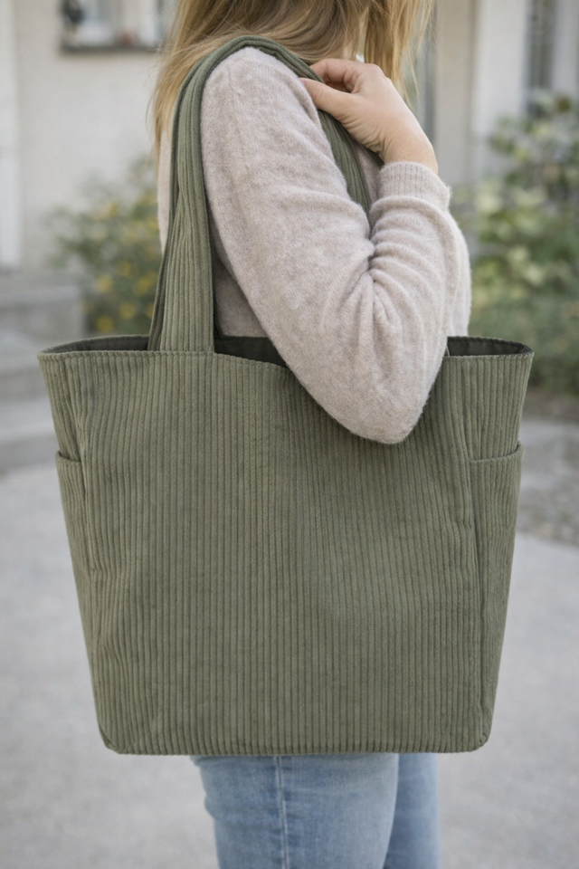 Sac cabas velours côtelé vert kaki