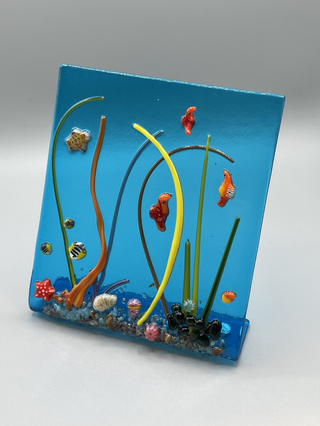 Freestanding fused glass tropical fish underwater scene on turquoise transparent glass