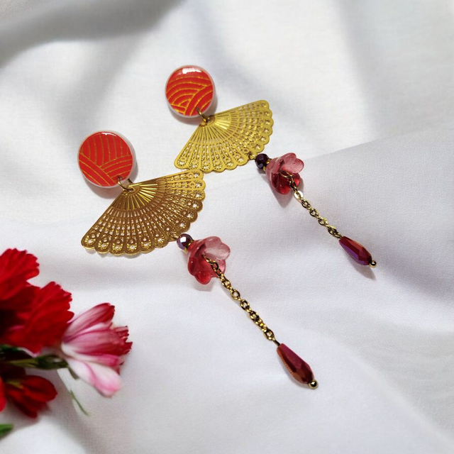 Boucles d'oreilles pendantes motifs japonais rouge