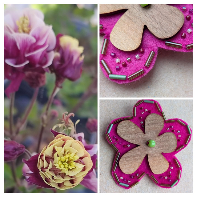 Broche fleur rose fuchsia, bois et verre, feutrine, fait main en pièce unique 