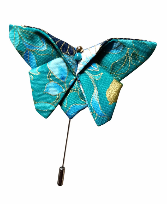 Broche papillon/ Fibule papillon origami bleu turquoise et or