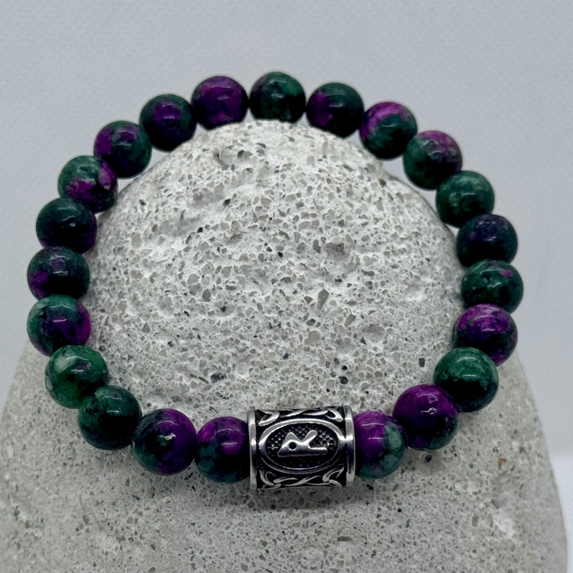 Bracelet en rubis zoïsite &amp; rune Raidho en inox – suivre sa route