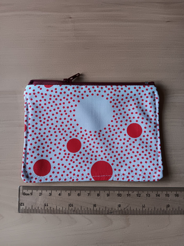White with red spots fabric Purse with red Waterproof Lining and Red Zip