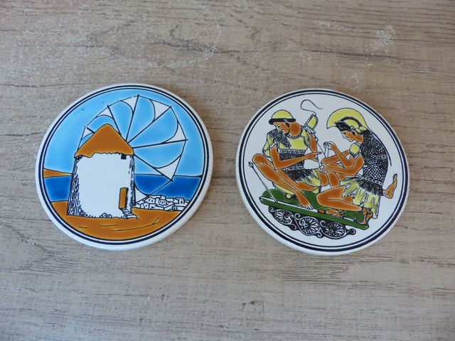 Lot de 6 sous-verres en céramique Tassoulis et Ariadne Fait Main en Grèce, Souvenirs de Grèce Décoration Bar Bistrot, Collection Chouettes