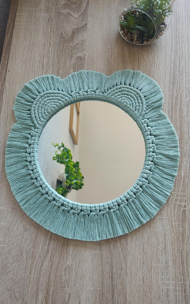Miroir macramé ourson vert d&#039;eau - Déco bohème chambre bébé/enfant