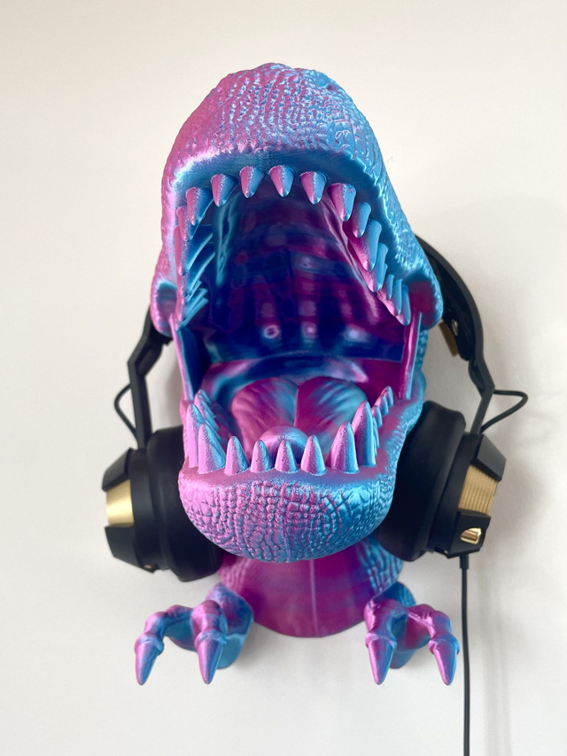 Wall Mounted T-Rex in a Blue/Green Dual Silk Filament. Full Size. 