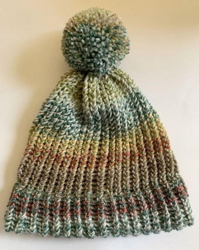Hand Knitted Beanie Hat with Pom Pom in Autumn Colors - S/M, M/L