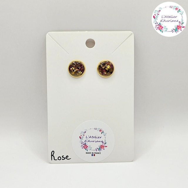 Puces d'oreilles "Rose &amp; feuilles or" dorées
