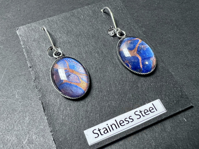 Blue & Copper Oval Earrings | Stainless Steel