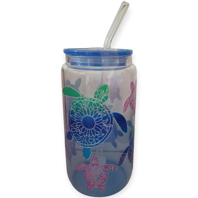 Gourde avec paille en verre tortue