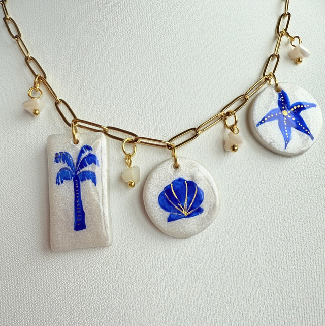 Blue Seaside Charm Necklace - 16” 18K Gold Plated