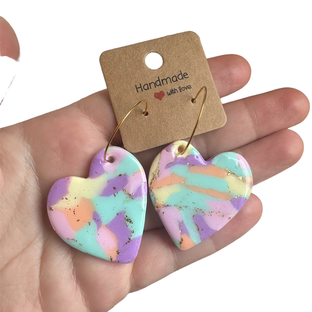 Bright Pastel Mix Heart Polymer Clay Earrings