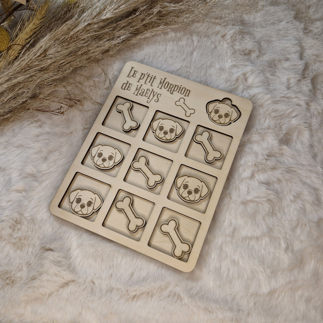 Jeu de morpion Tic Tac Toe pour enfant en bois gravé - décor Chien