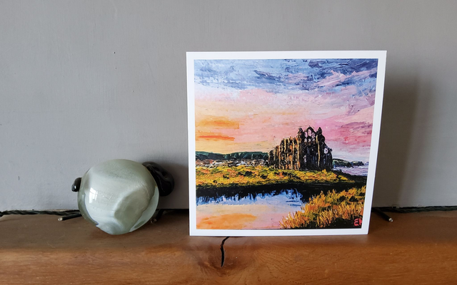 Sunset over Whitby Abbey. Art card/Coaster