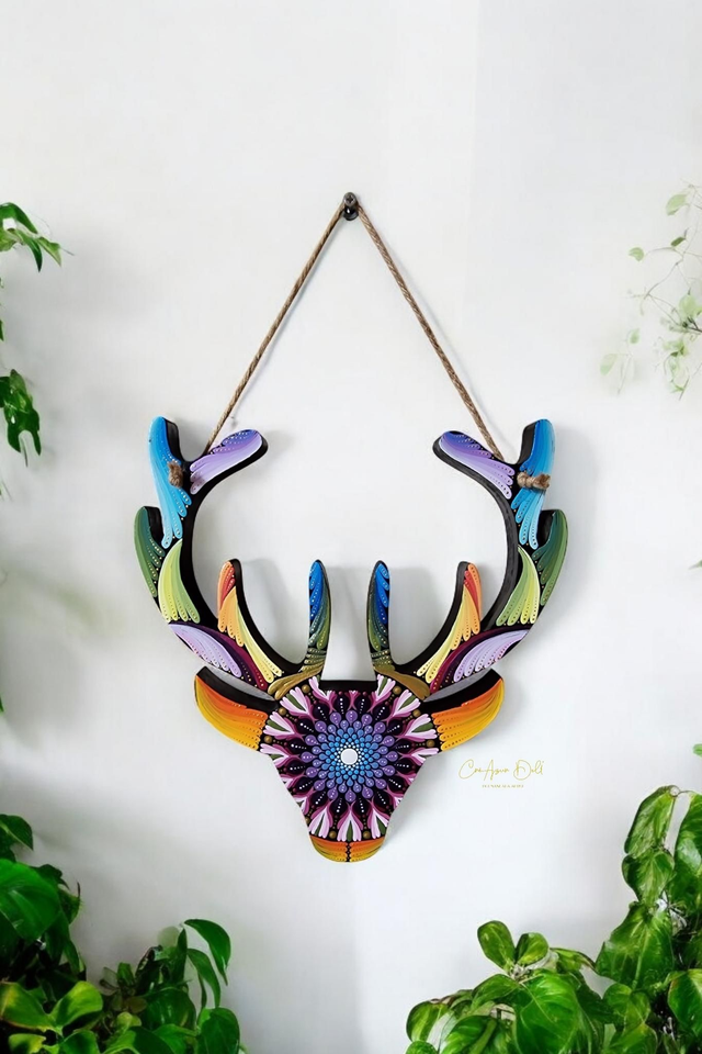 Tête de renne - Décoration murale en bois – Art nature &amp; mandala – Pièce unique