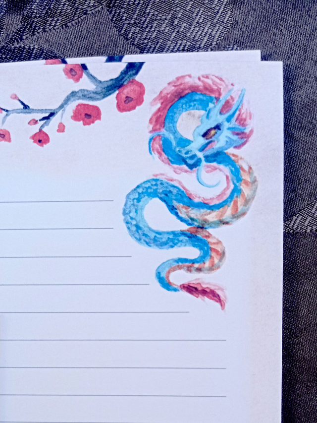 Papier à lettres et enveloppes – Dragon japonais & cerisiers en fleur