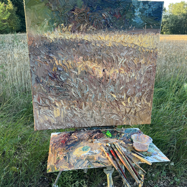 „Wo der Schatten den Weizen berührt“ Öl auf Leinwand, 80 × 80 cm, 2026