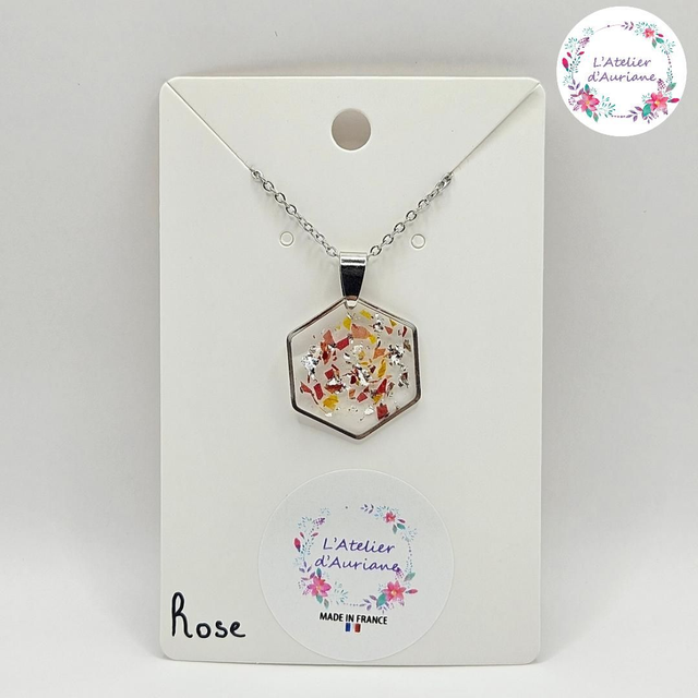 Collier hexagone "Rose orangeade" argenté