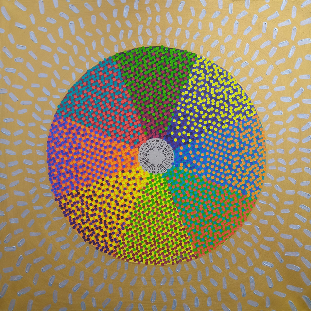 Koło barw, 80x80 akryl płótno kolaż 2019