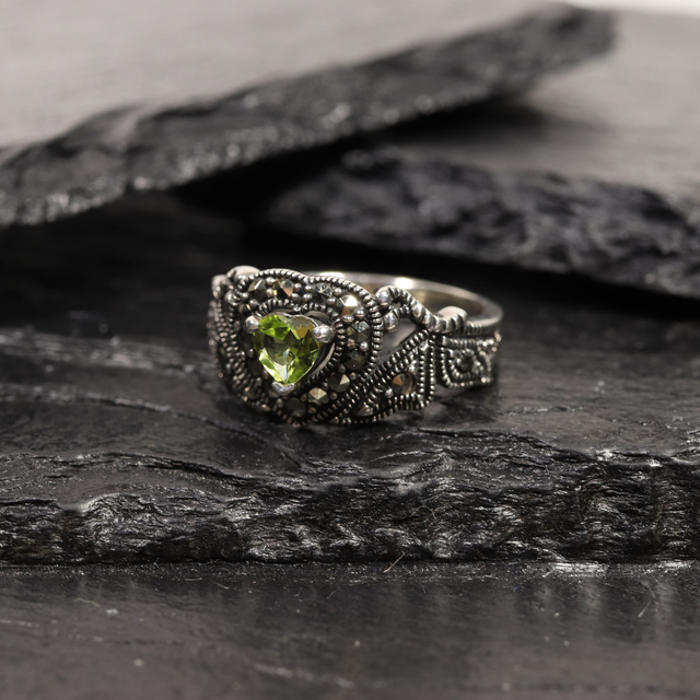 Vintage Sterling Silver 925 Art Deco Style Heart Cut Green Peridot With Marcasite Gemstone Love Heart Design Ring Size O - 7
